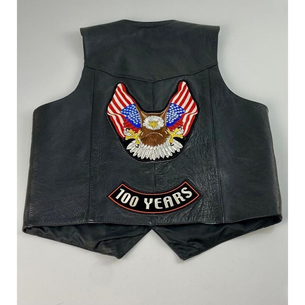 Vintage Leather King Motorcycle Biker Vest 46 Snap Patches Sturgis Eagle Harley